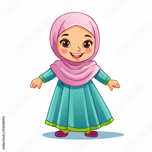 An illustration of a young girl wearing a kerudung, smiling warmly against festive Islamic decorations. The design reflects the spirit of Ramadhan and Idul Fitri capturing joy, faith, and Islamic year