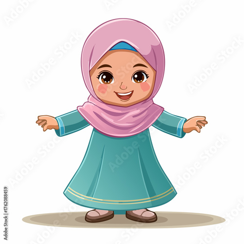 An illustration of a young girl wearing a kerudung, smiling warmly against festive Islamic decorations. The design reflects the spirit of Ramadhan and Idul Fitri capturing joy, faith, and Islamic year