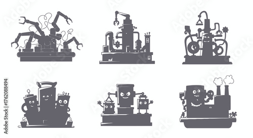 Industrial Robotic Arms and Abstract Machine Silhouette Set Automated Factory System