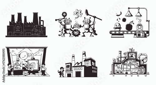 Industrial factory buildings and production line concepts, black and white vectors