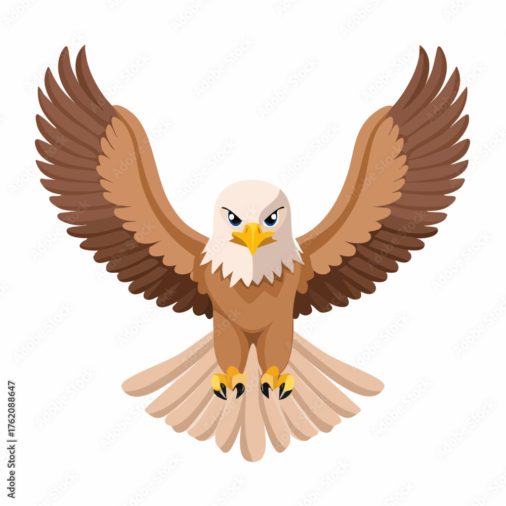 Obraz premium Brown, white, and black eagle vector flapping its wings in mid air. Strong and majestic illustration ideal for wildlife, nature, freedom, emblem, and mascot design themes