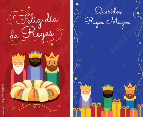Vector de plantilla Feliz Día de los Reyes Magos y carta queridos reyes magos. Tarjeta, invitación y marco