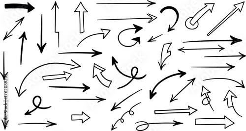 Diverse hand-drawn arrow collection illustrating direction movement and guidance arrows in various styles and formats