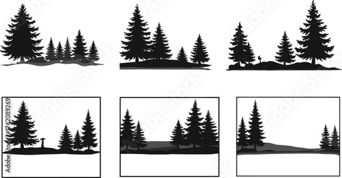 Forest silhouette, pine trees, deer in woods, nature landscape, black and white, wildlife scene, outdoor illustration, woodland, minimal, scenic
