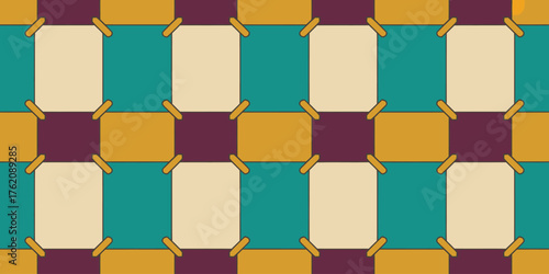 A colorful pattern featuring squares of teal cream purple and gold connected by small gold accents