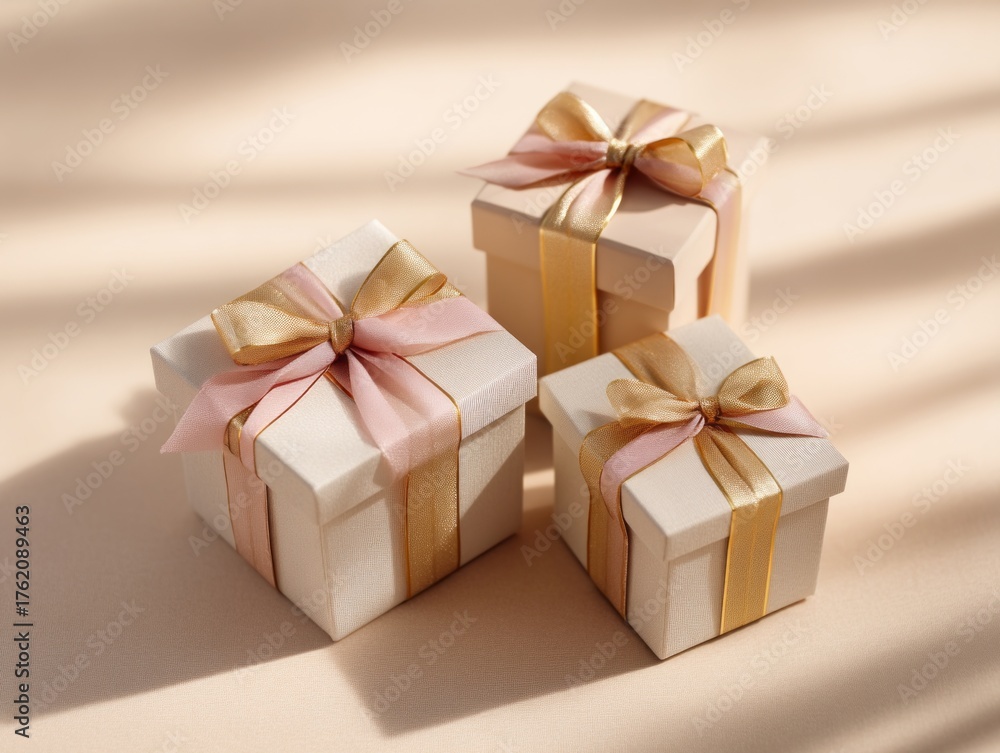 Obraz premium Elegant Christmas gift boxes with blush ribbons and golden accents