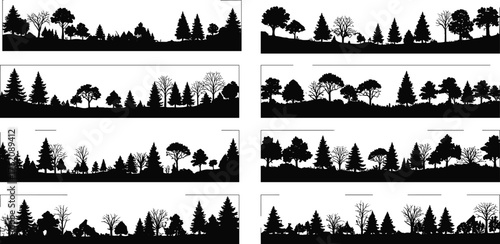 Forest silhouette, tree landscape, nature scene, woodland illustration, black vector, coniferous forest, deciduous trees, outdoor terrain, ecology art, scenic backdrop