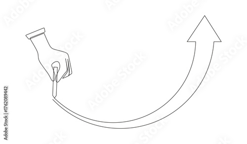 line art of a hand drawing an arrow pointing upwards as a symbol of success and extraordinary achievement