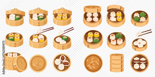 Various dim sum dishes in bamboo steamers, showcasing a variety of fillings and presentations.