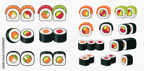 An illustration of various types of sushi rolls, including maki and uramaki, with different fillings and toppings.