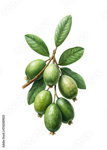 Wallpaper Mural Fresh ripe feijoa fruit cluster on branch with green leaves against a dark backdrop Torontodigital.ca