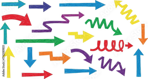 Diverse collection of colorful hand-drawn arrows pointing in various directions and styles