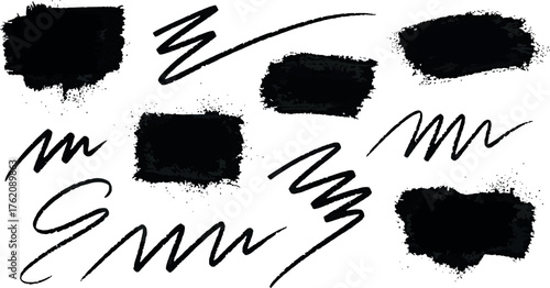 Set of black ink brush strokes scribbles and paint splatters artistic abstract design elements