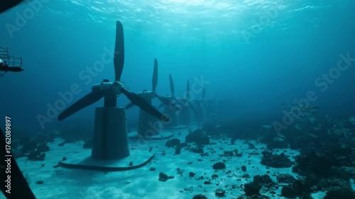 Underwater shot of a submerged tidal turbine array with fish and sunlight