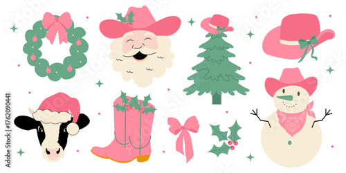 Christmas clipart set. Cowgirl holiday illustration with santa, wreath, Hat, boots, cow, tree, and snowman. Coquette cottagecore festive icons.