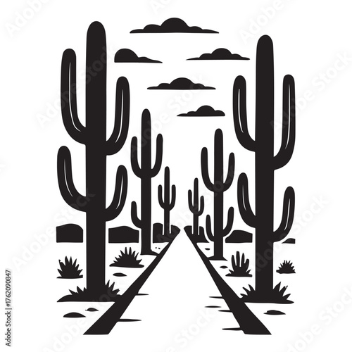  illustration of a desert road with saguaro cacti