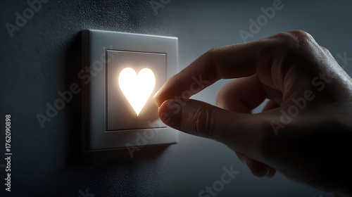Hand turning on heart-shaped light switch symbolizing love, awareness and responsibility for saving energy on National Energy Conservation Day
