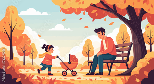 Heartwarming family scenes with a father and daughter character enjoying a beautiful autumn day in the park