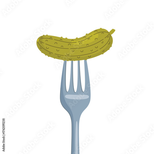 Pickles on a fork. Pickled cucumber appetizer. Fermentation of vegetables. Food vector illustration isolated on white background.