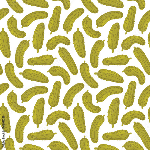 Pickles seamless pattern. Various pickled cucumbers on white background. Fermentation of vegetables. Food vector illustration