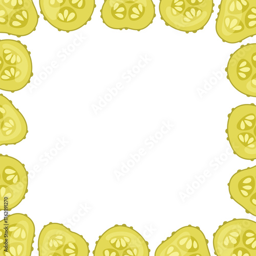 Pickles slices square frame. Pickled cucumbers border. Fermented vegetables decoration. Food vector illustration isolated on white background.