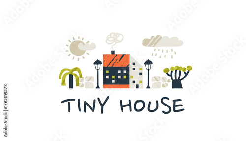 Old sweden street with tiny home and doodle clouds above.