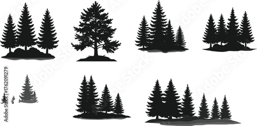 Forest tree silhouettes, pine and fir clusters, nature landscape icons, conifer shapes, woodland illustration, black and gray forest elements