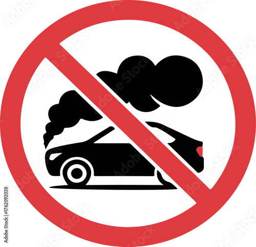 No Idling Car Sign With Black Smoke Icon And Red Prohibition Circle vehicle exhaust