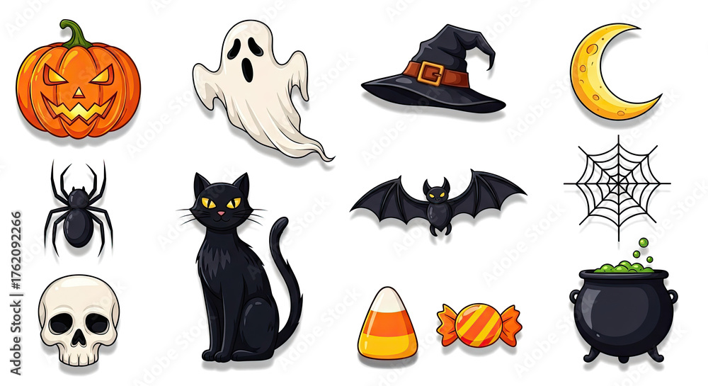 Fototapeta premium A collection of Halloween-themed icons, including pumpkins, ghosts, witch hats, spiders, bats, and candies.