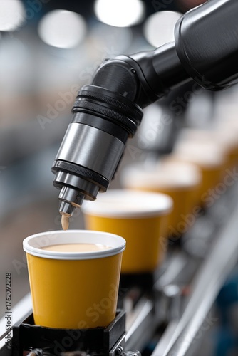 Robotic arm pouring coffee into yellow paper cups on automated production line, futuristic concept of food industry and smart manufacturing