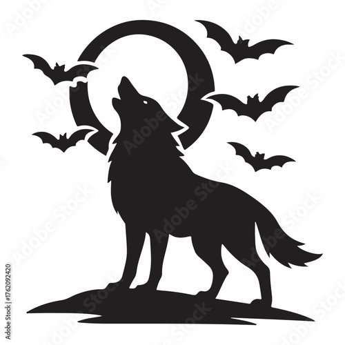 silhouette of a wolf howling at Halloween night
