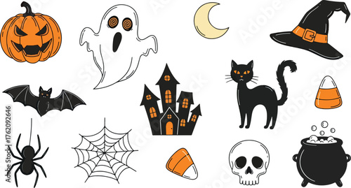 A Halloween-themed collection of icons, including a pumpkin, ghost, witch hat, bat, haunted house, black cat, candy corn, and cauldron.