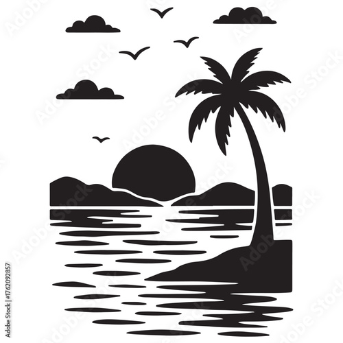 tropical island with palm tree and sunset 