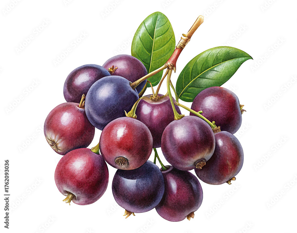 Obraz premium Close-up photo of a vibrant cluster of ripe serviceberries on a branch with green leaves isolated