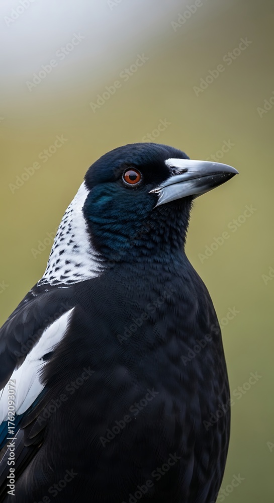 Fototapeta premium A close-up portrait of a bird with striking black and white plumage, sharp beak, and vivid eye, set against a blurred backdrop