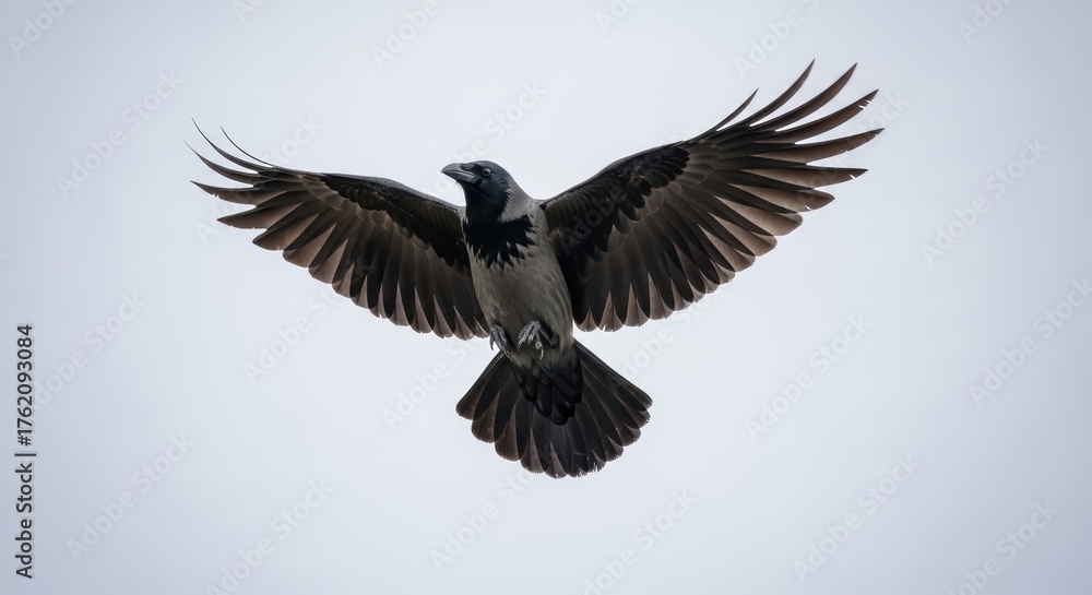 Fototapeta premium Soaring hooded crow in flight against grey sky