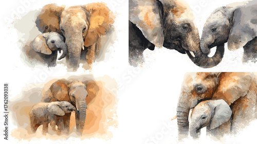 Watercolor illustration of elephant family showing mother and baby elephants in warm tones, symbolizing love, protection, and wildlife harmony perfect for nature art and decor.