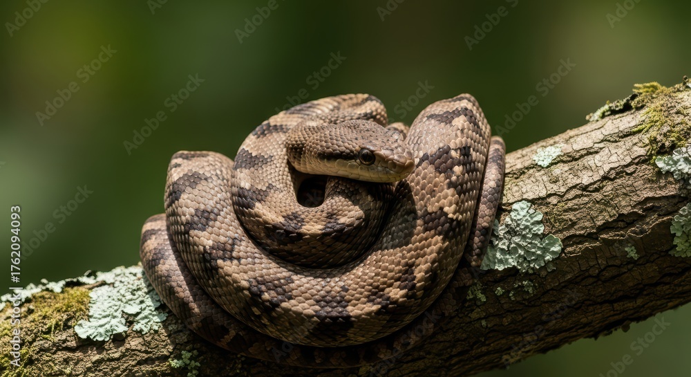 Naklejka premium Coiled rat snake resting on tree branch in sunlit forest habitat