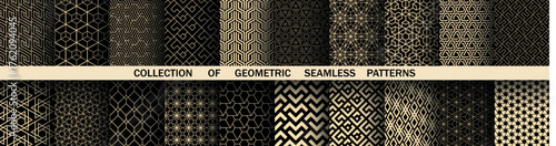 Geometric set of seamless black and golden patterns. Simple vector graphics