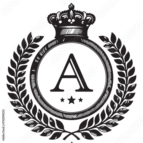 Elegant emblem with the letter a, laurel wreath, and crown isolated on white background, exuding royalty and sophistication