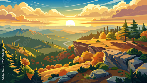 Very beautiful panoramic view from North Rim Vista at Mount Nebo State Park in Russellville, Arkansas, showcasing golden sunlight over lush forests, rolling hills, and distant misty valleys during sun