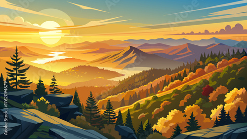 
Very beautiful panoramic view from North Rim Vista at Mount Nebo State Park in Russellville, Arkansas, showcasing golden sunlight over lush forests, rolling hills, and distant misty valleys during 