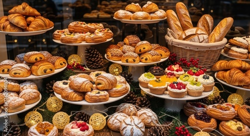 Bakery display pastries bread  festive decor Plates overflow with croissants pain au chocolat fruit tarts  crusty bread adorned with pinecones  lights