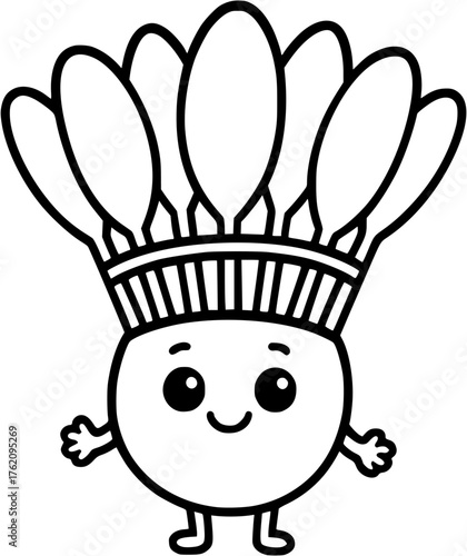 Cartoon shuttlecock character vector artwork showing adorable face design used for badminton branding mascot or children’s sports visuals.
