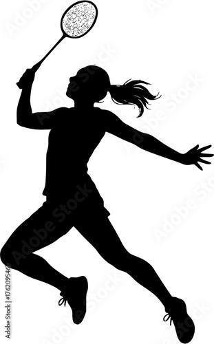 Badminton female jump shot silhouette vector showing athlete in air performing powerful smash during competition and training.