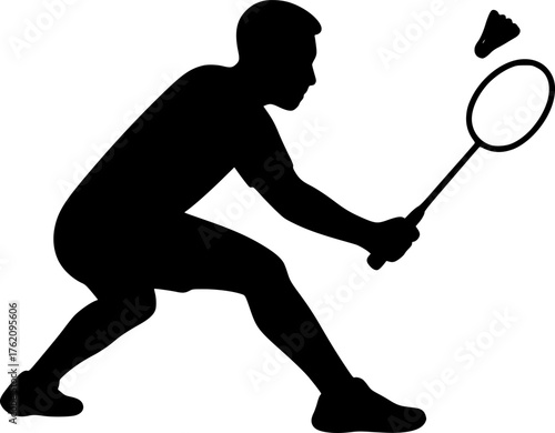 Badminton ready position player silhouette vector showing focused stance before shot in court match.