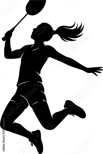 Badminton female jump smash silhouette vector showing athlete performing aerial serve hit during competition and training visuals.