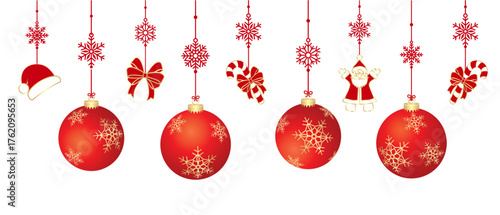 Red christmas balls with decorationts on transparent