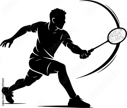 Badminton forehand swing silhouette vector showing athlete hitting shuttlecock in motion during game or practice rally.