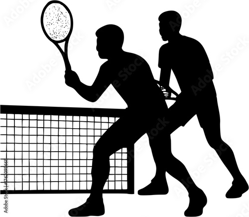 Badminton doubles team silhouette vector showing two players near net during rally and tournament play.